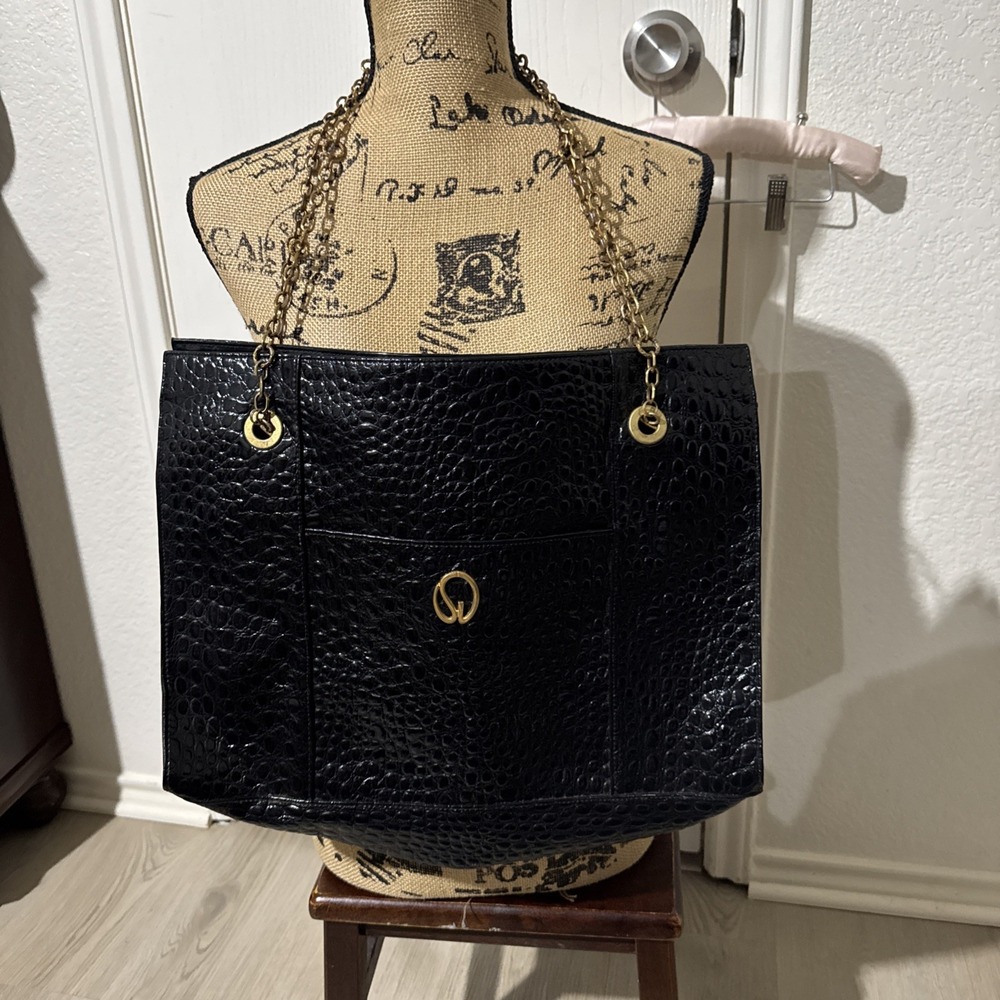 St John Black Patent Leather Embossed Croc Tote Bag Purse Gold Chain Straps